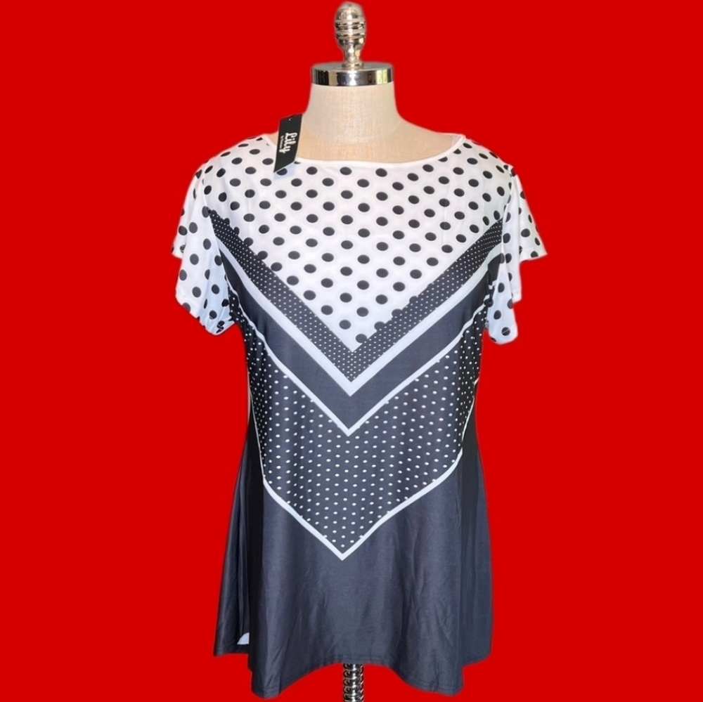 NWT Lily by Forminana Black and V White Polkadot Blouse